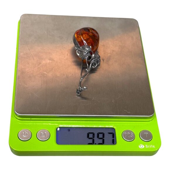 Vintage Baltic Amber Stone Brooch Sterling Silver Art Nouveau Design Pin Leaves - Picture 6 of 7